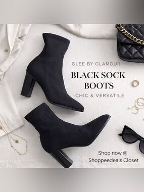 Glee by Glamour Black Sock Ankle Boots Block Heel Size 7